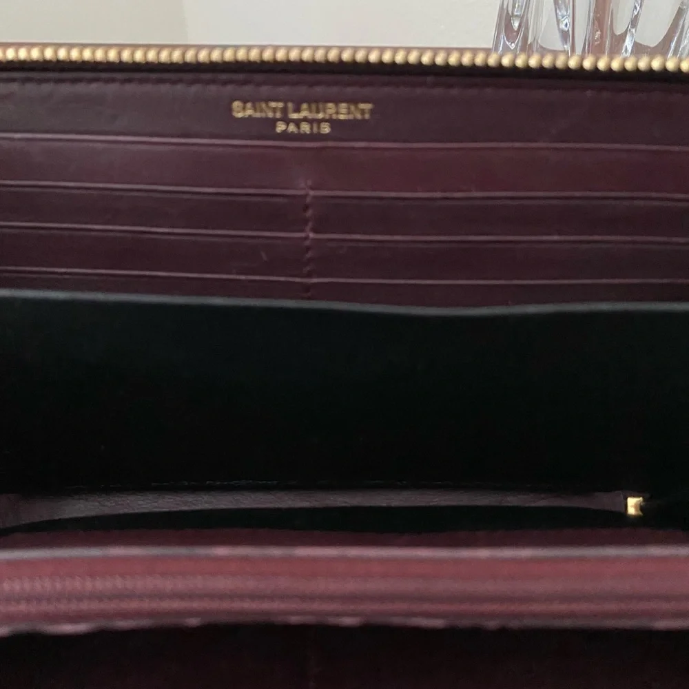 YSL “Y” Zip Around Wallet Calfskin Leather Dark Purple Brass Logo EUC
